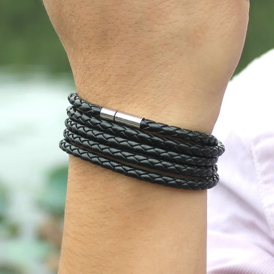 Men's Black Retro Wrap Long Leather Bracelet