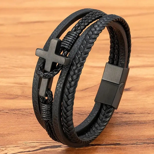 New Cross Men's Leather Bracelets Stainless Steel Magnet Clasp